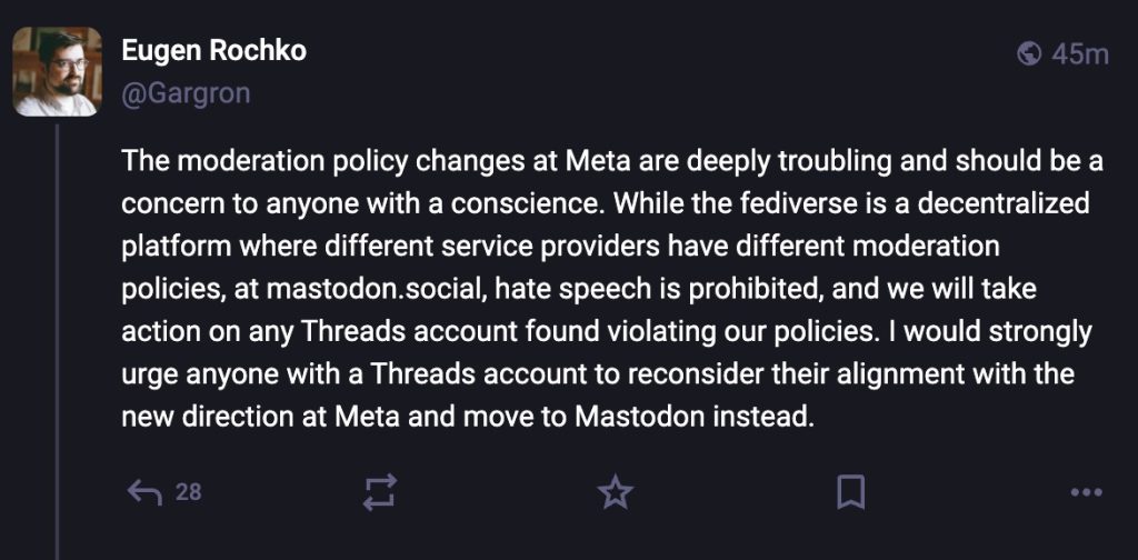 CEO Mastodon menyebut perubahan moderasi Meta ‘sangat meresahkan’, memperingatkan pengguna yang melakukan cross-posting dari Threads