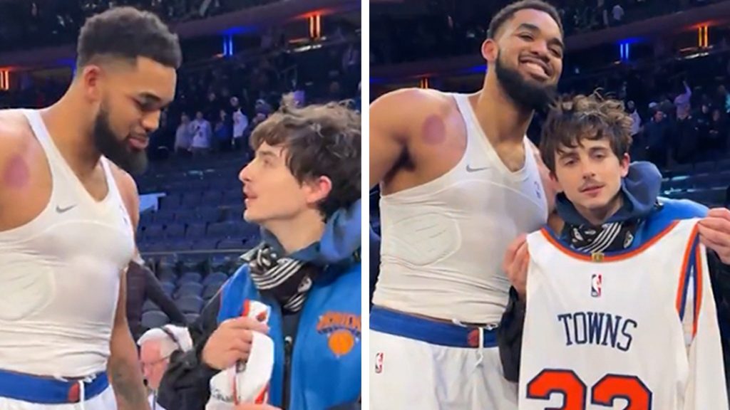 Karl-Anthony Towns hadiah Timothée Chalamet Jersey Setelah Knicks menang