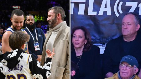 Ben Affleck menggosok siku dengan Steph Curry di pertandingan Lakers, Kamala Harris menonton