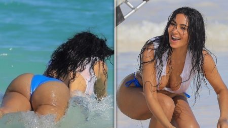 Kim Kardashian Menyelam ke Samudra Di Top Putih Kecil, Busin Bikini