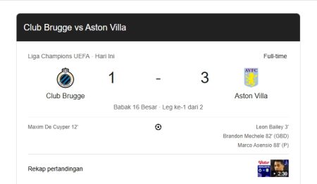 Klub Brugge vs Aston Villa The Villans Kalahkan Tuan RUMAH 1-3